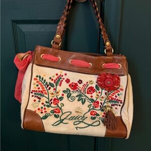 Juicy Couture Cream Floral Embroidered Shoulder Bag with Brown Trim